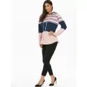 triped Color Block Drawstring Loose Hoodie - Pink
