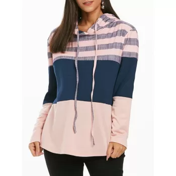 triped Color Block Drawstring Loose Hoodie - Pink
