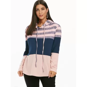 triped Color Block Drawstring Loose Hoodie - Pink