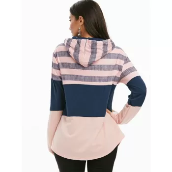 triped Color Block Drawstring Loose Hoodie - Pink
