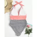 triped Halter Low Back wimsuit - Orange Pink