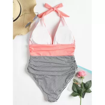 triped Halter Low Back wimsuit - Orange Pink