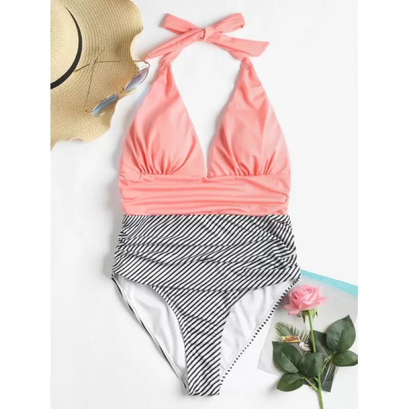 triped Halter Low Back wimsuit - Orange Pink