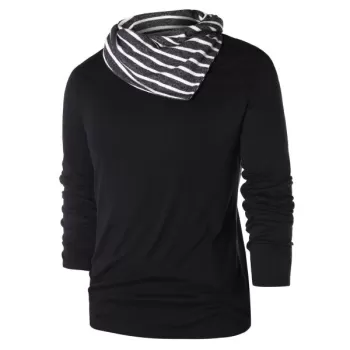 Striped Pile Heap Collar ong Sleeve T-shirt - Black