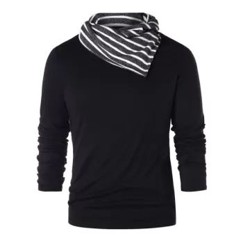 Striped Pile Heap Collar ong Sleeve T-shirt - Black