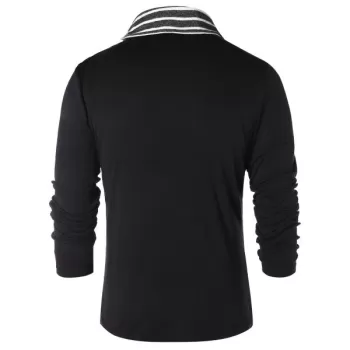 Striped Pile Heap Collar ong Sleeve T-shirt - Black