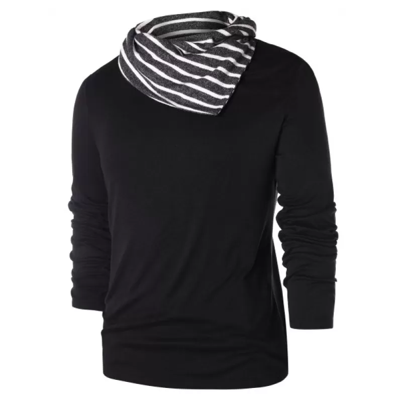 Striped Pile Heap Collar ong Sleeve T-shirt - Black