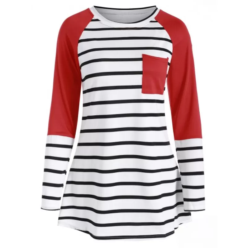 triped Pocket Longline T-shirt - Lava Red