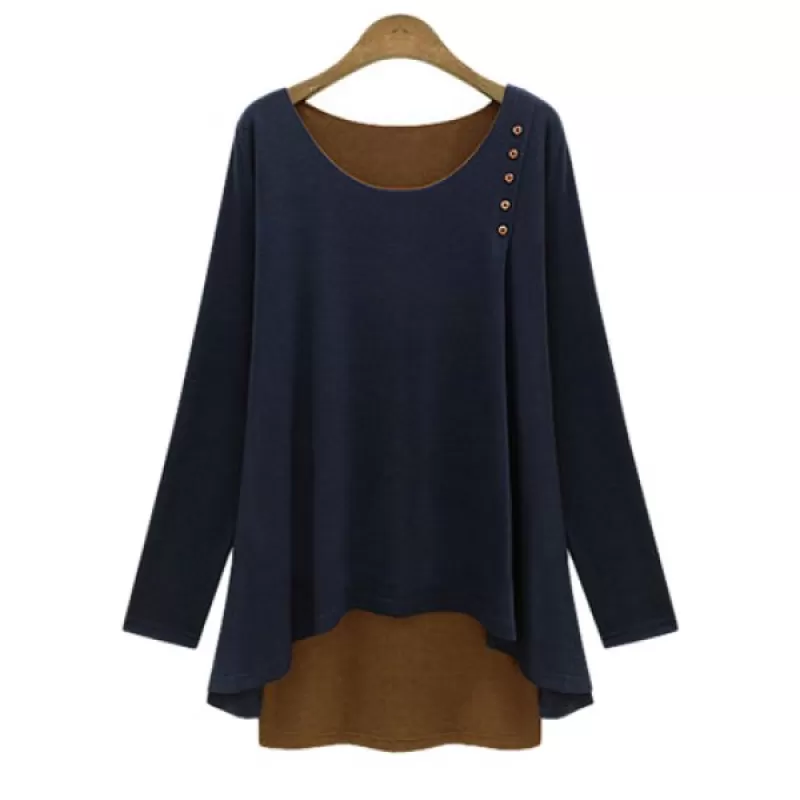 tylish Faux Twinset Design coop Neck Long leeve T-hirt For Women - Cadetblue