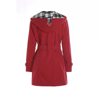 Stylish Hooded Double-Breasted Long Sleeve Worsted Coat For Women - Red