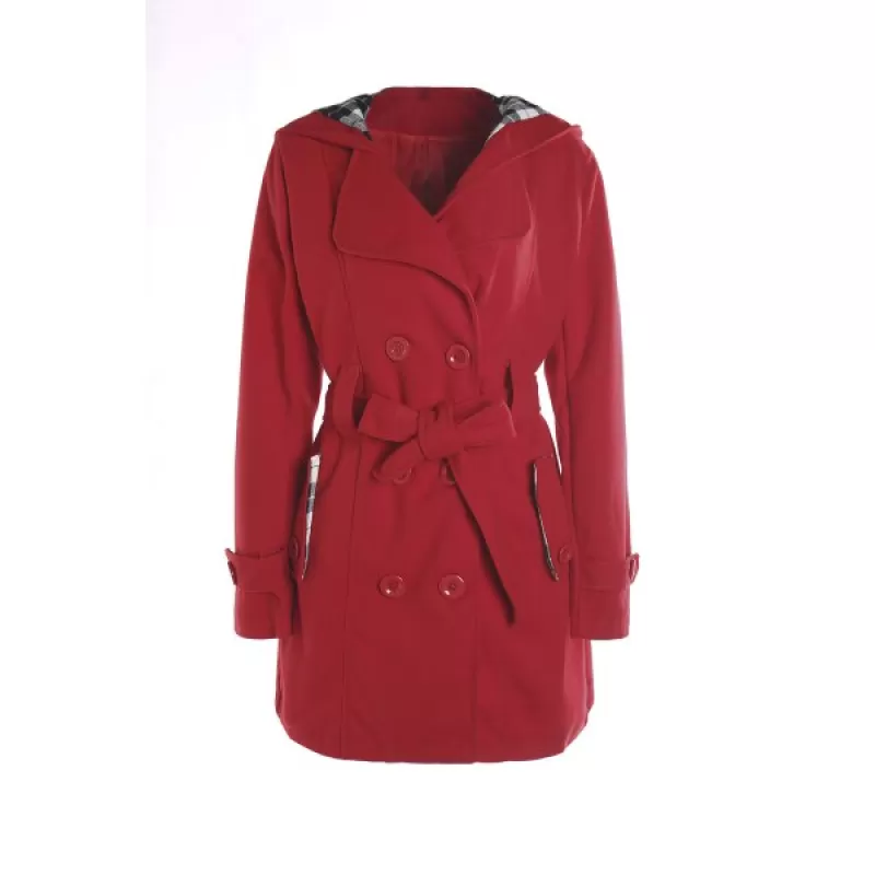 Stylish Hooded Double-Breasted Long Sleeve Worsted Coat For Women - Red