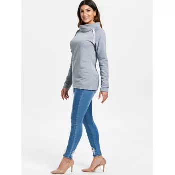 tylish Long leeve Turtleneck olid Color Women's weatshirt - Gray