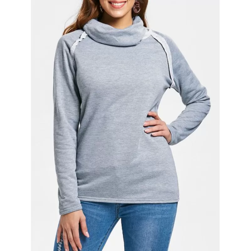 tylish Long leeve Turtleneck olid Color Women's weatshirt - Gray