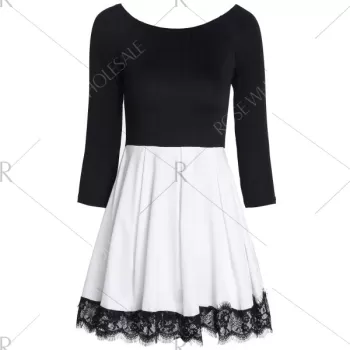 tylish Off-The-houlder Long leeve Color Block Laciness Women's Dress - White