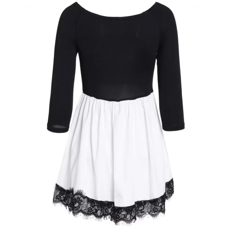 tylish Off-The-houlder Long leeve Color Block Laciness Women's Dress - White