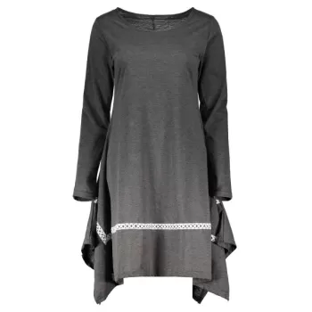 Stylish Round Neck Long Sleeve Asymmetrical Spliced Women's Dress - Gray