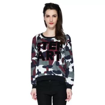 Stylish Scoop Collar Long Sleeve Letter and Camouflage Pattern Women's Sweatshirt -