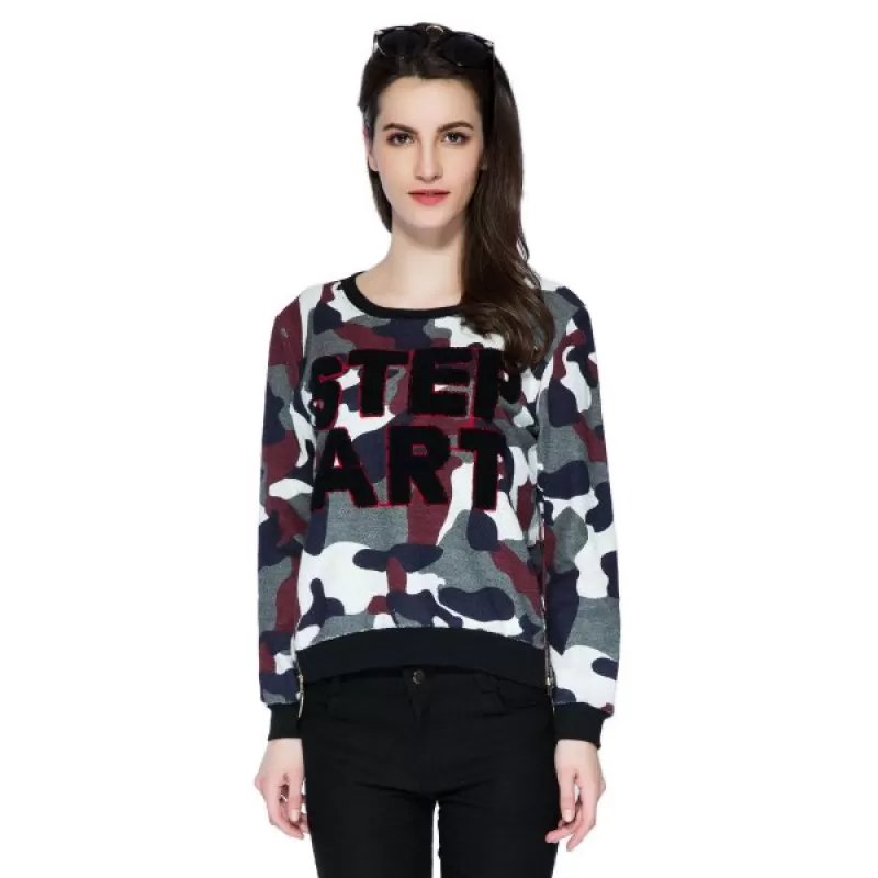 Stylish Scoop Collar Long Sleeve Letter and Camouflage Pattern Women's Sweatshirt -