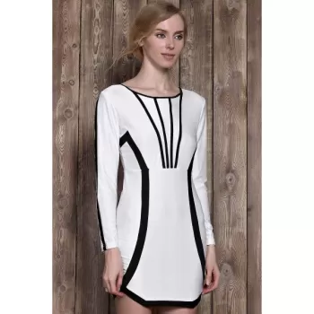 Stylish Scoop Neck Color Block Long Sleeve Bodycon Mini Dress For Women - White
