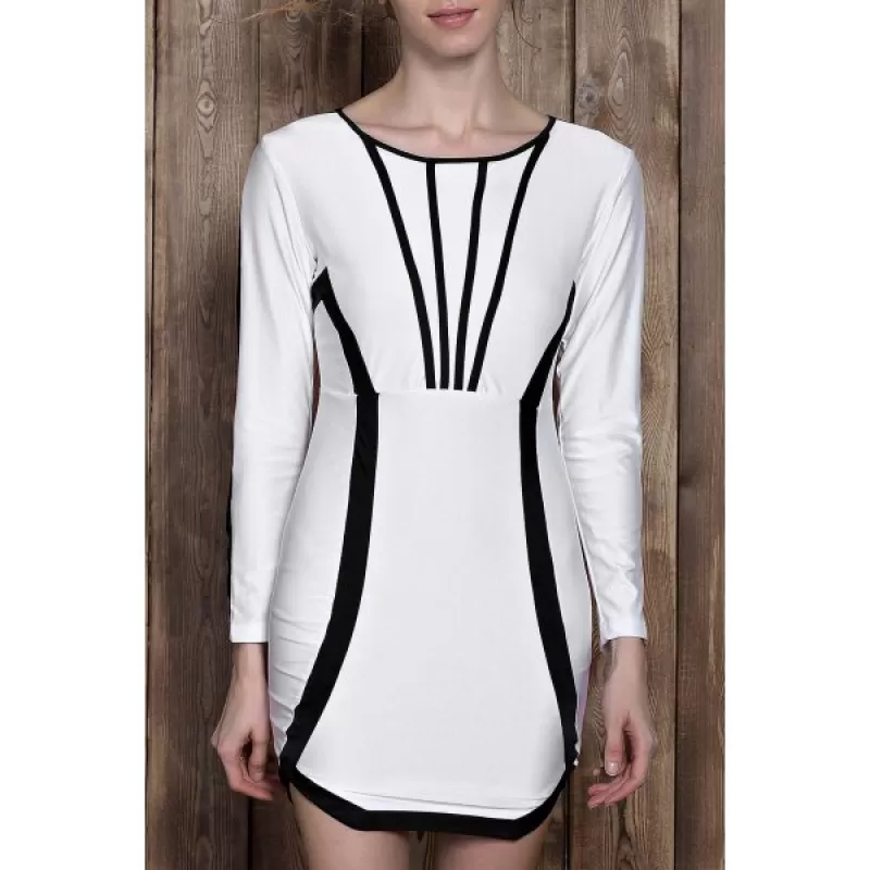 Stylish Scoop Neck Color Block Long Sleeve Bodycon Mini Dress For Women - White