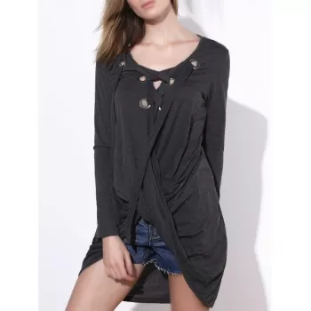 Stylish V-Neck Long Sleeve Asymmetrical Women T-Shirt - Gray One Size(fit Size Xs To