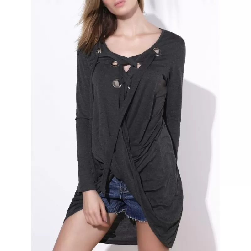 Stylish V-Neck Long Sleeve Asymmetrical Women T-Shirt - Gray One Size(fit Size Xs To