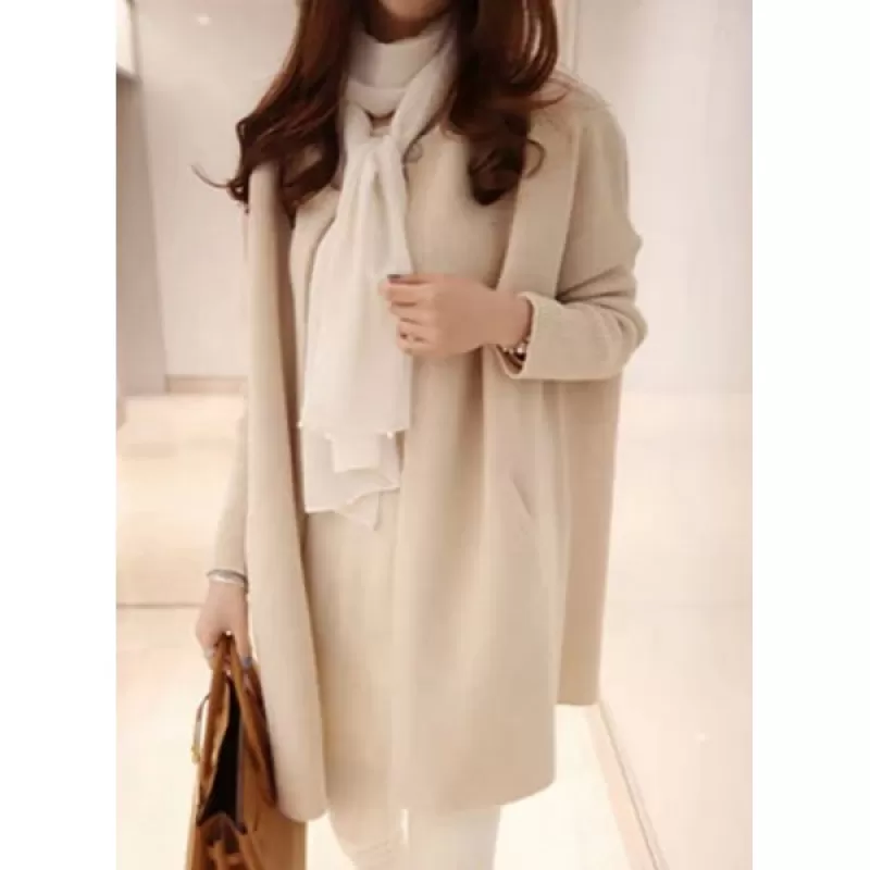 Stylish Women's Scoop Neck Drop Shoulder Solid Color Cardigan - Off-white