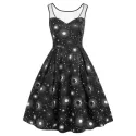 un and Moon Print Lace Panel leeveless Dress - Black