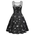 un and Moon Print Lace Panel leeveless Dress - Black