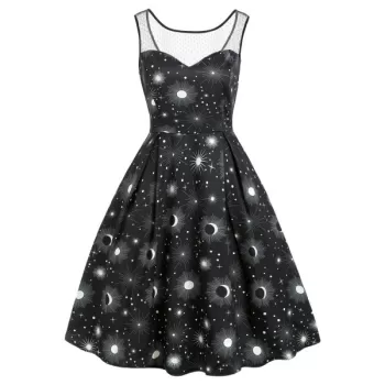 un and Moon Print Lace Panel leeveless Dress - Black