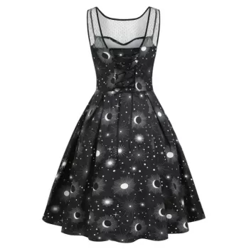 un and Moon Print Lace Panel leeveless Dress - Black