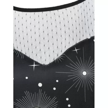 un and Moon Print Lace Panel leeveless Dress - Black