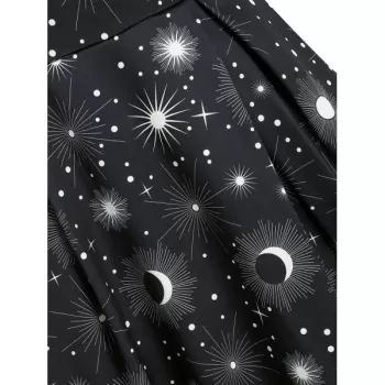 un and Moon Print Lace Panel leeveless Dress - Black