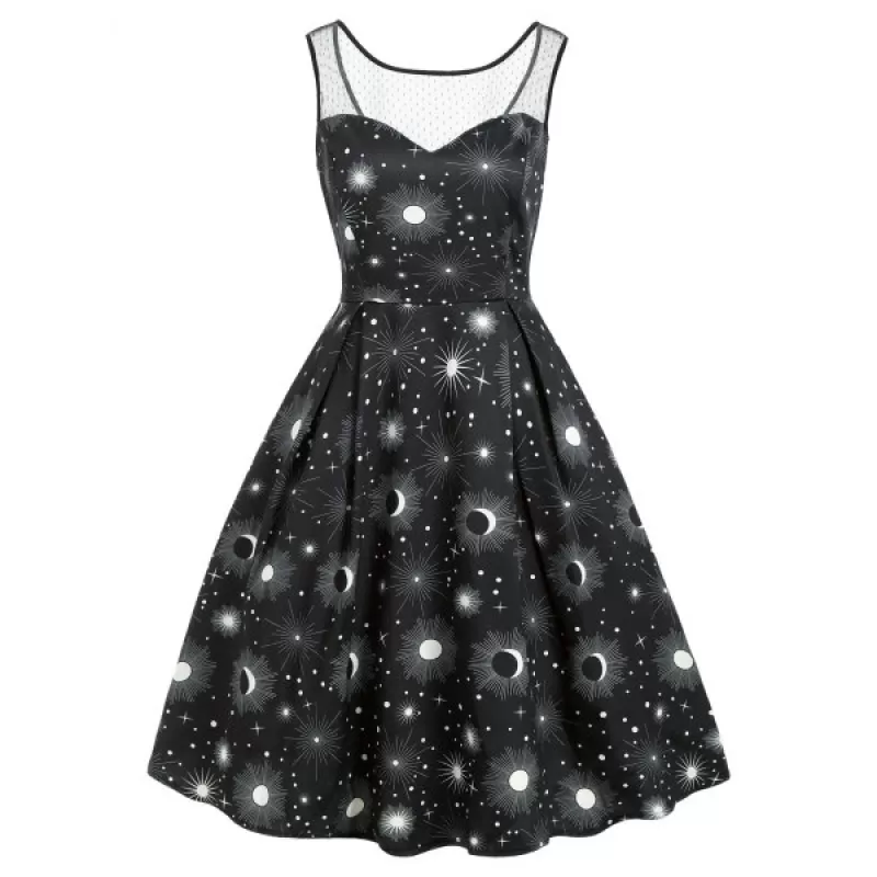 un and Moon Print Lace Panel leeveless Dress - Black