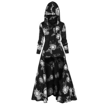 Sun Print High Low Drawstring Long Hoodie - Black