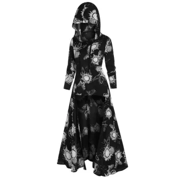 Sun Print High Low Drawstring Long Hoodie - Black