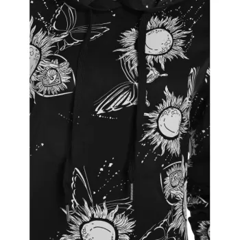 Sun Print High Low Drawstring Long Hoodie - Black