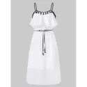 Tassel Brim High Waist Thin Strap Dress - Milk White