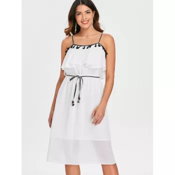Tassel Brim High Waist Thin Strap Dress - Milk White