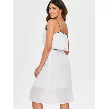 Tassel Brim High Waist Thin Strap Dress - Milk White