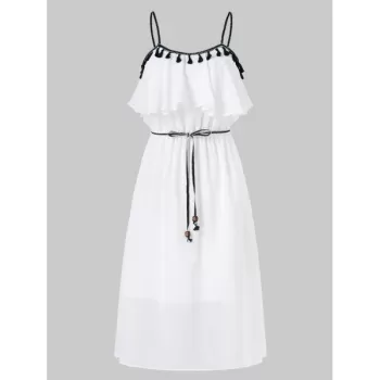 Tassel Brim High Waist Thin Strap Dress - Milk White