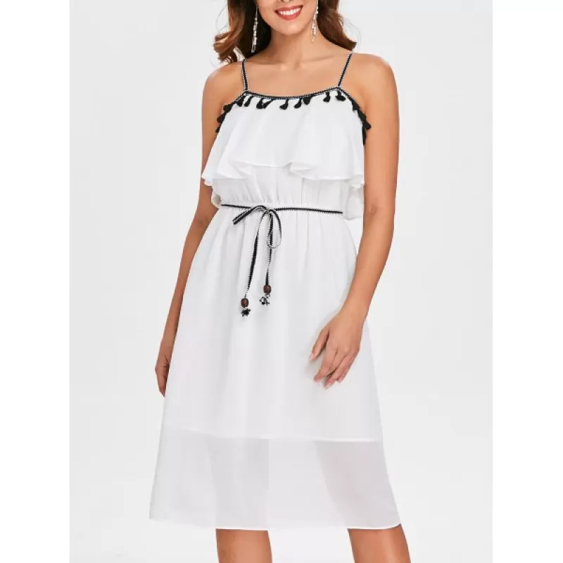 Tassel Brim High Waist Thin Strap Dress - Milk White