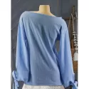 Textured Tie Cuffs Long Sleeve Blouse - Crystal Blue