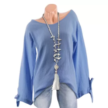 Textured Tie Cuffs Long Sleeve Blouse - Crystal Blue