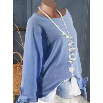 Textured Tie Cuffs Long Sleeve Blouse - Crystal Blue
