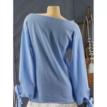 Textured Tie Cuffs Long Sleeve Blouse - Crystal Blue