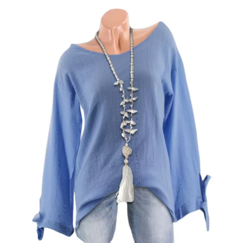 Textured Tie Cuffs Long Sleeve Blouse - Crystal Blue