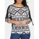 Three Quarter leeve Aztec Print T-shirt - Black