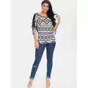 Three Quarter leeve Aztec Print T-shirt - Black