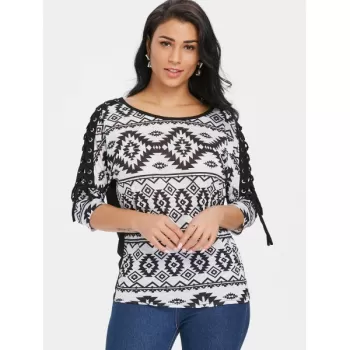 Three Quarter leeve Aztec Print T-shirt - Black